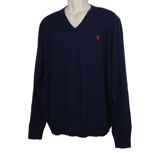 Polo Ralph Lauren Navy Blue Slim Fit Merino Wool V-Neck Sweater Men Size XXL - Picture 1 of 8